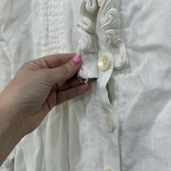Paper Lace Shirt Womens Small White Linen Button Front Long Sleeve Ruffle Top - Picture 6 of 12